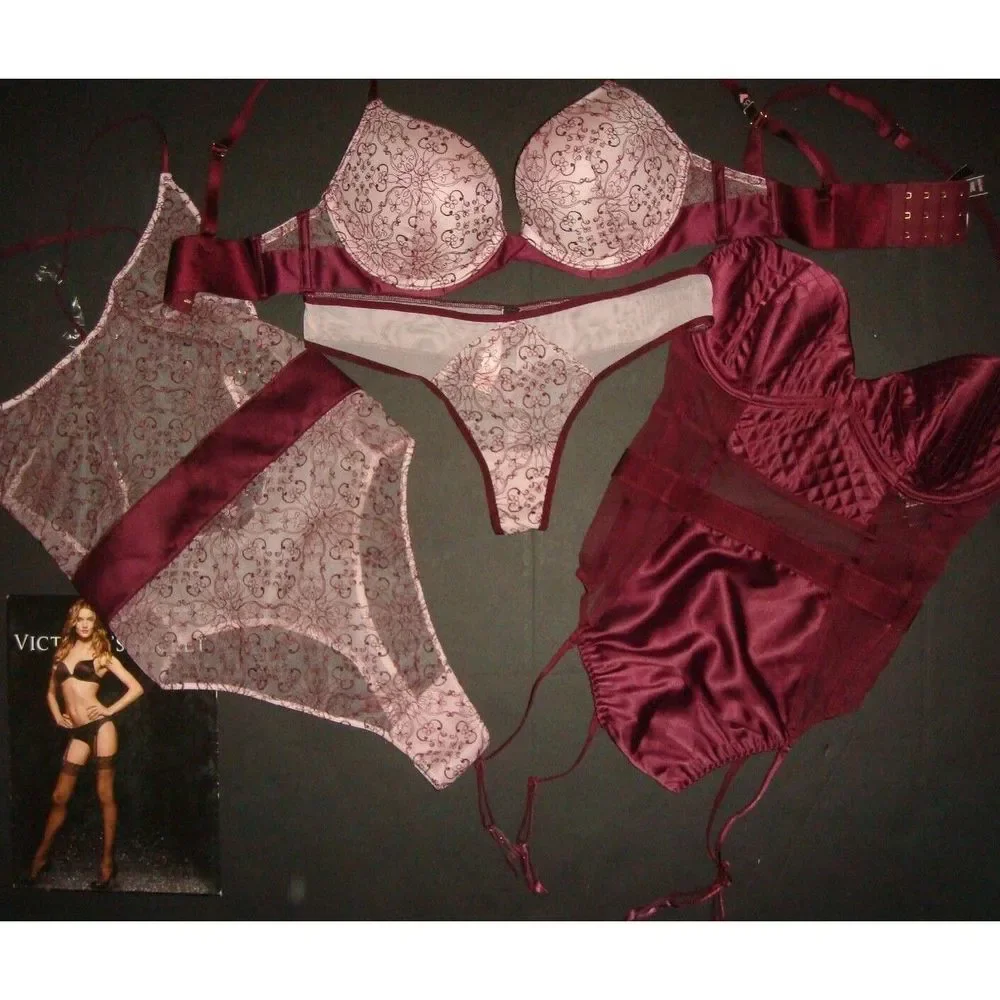 Victoria's Secret 32C BRA SET+garter TEDDY+XS ONE-PIECE pink burgundy maroon red
